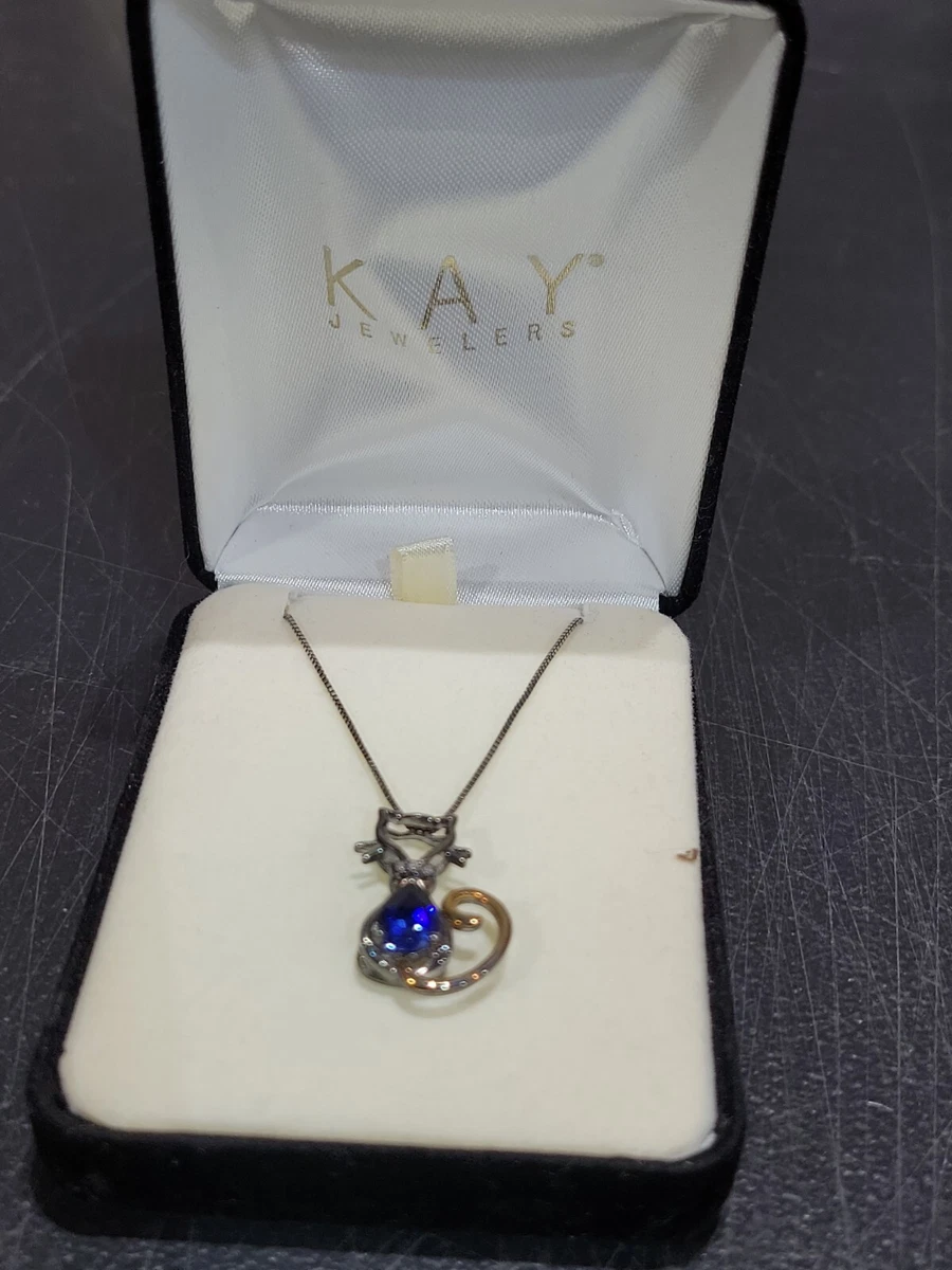 KAY 14K Gold Sterling Silver Necklace Blue CR Sapphire Cat Pendant 1.30 CTW