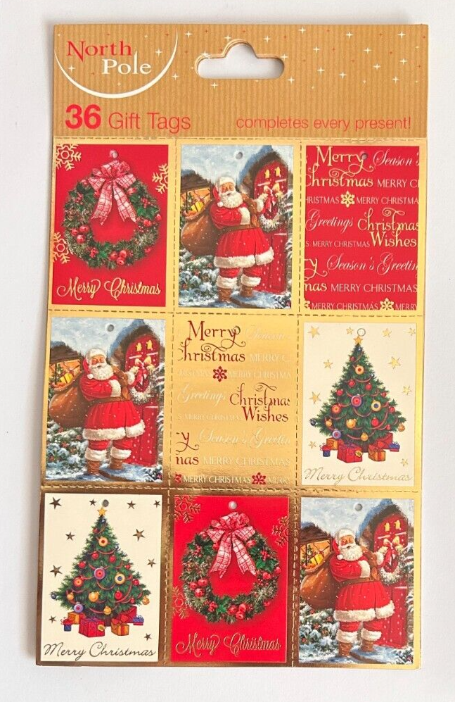 36x Christmas Gift Tags Present, 5 designs , Santa, Tree, Wreath Merry Christmas