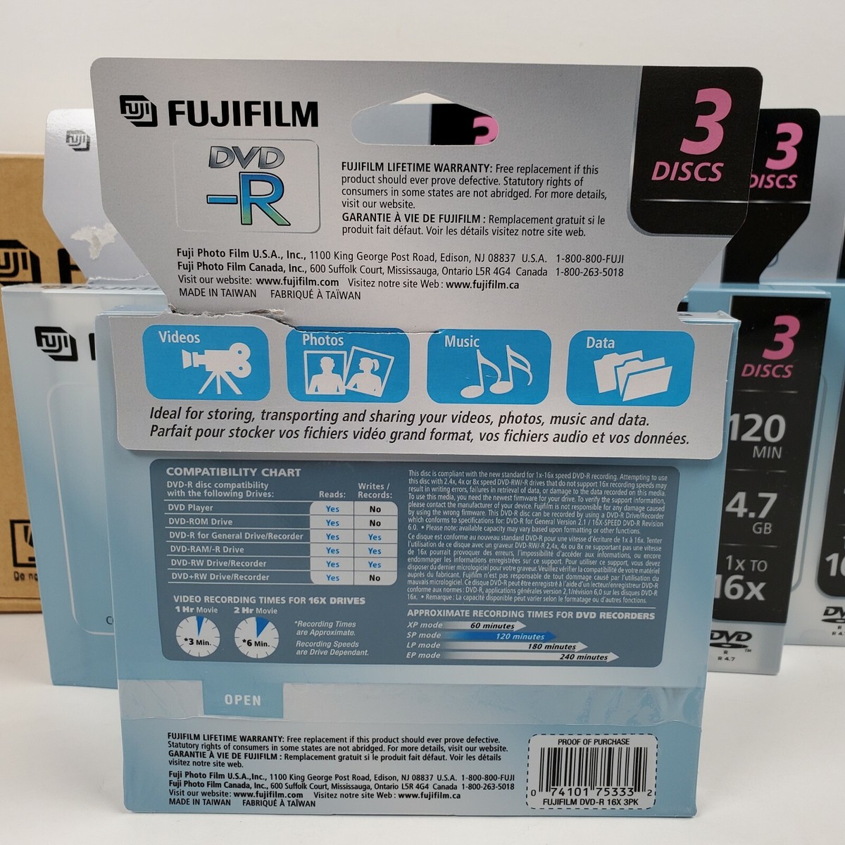 Lot of 5 - 3 Pack Fujifilm DVD-R 4.7GB 120min 1x-16x (15