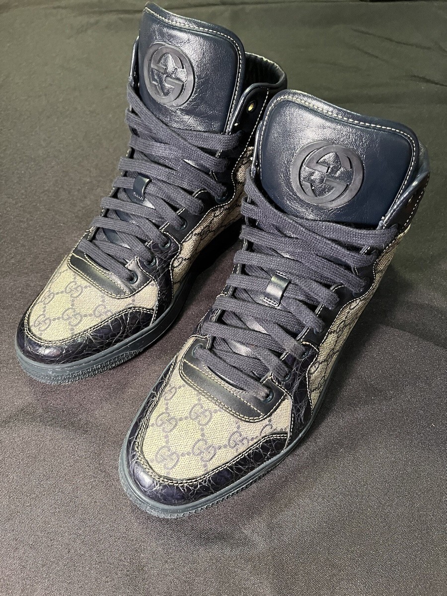 GUCCI CROCODILE CANVAS LEATHER HIGH TOP SHOES GG SIZE 8 FITS US