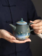 Embersceramic Ceramic Teapot Gold Deer Chinese Tea Pot Vintage Teapot 240ml Blue