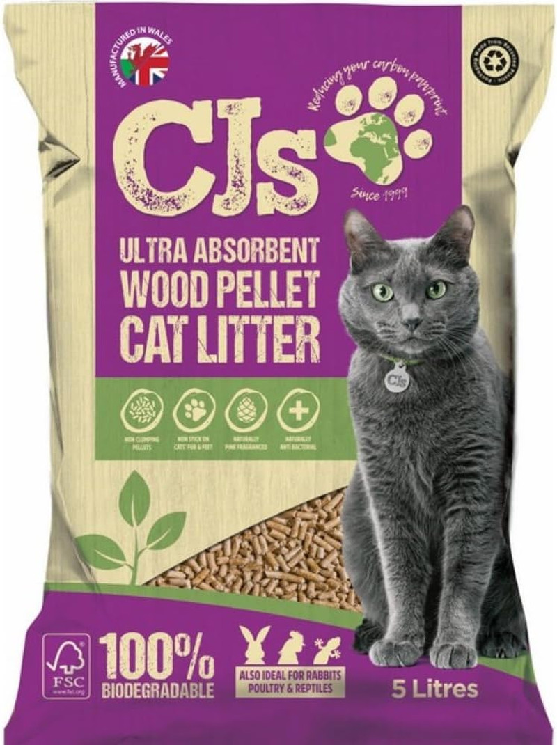 Cj's Premuim Cat Litter Absorbent Wood Pellets Non Clumping Biodegradable 5L