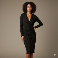 Tadashi Black Twist Knot Cocktail Dress Womens Medium Lined V-Neck Ruching