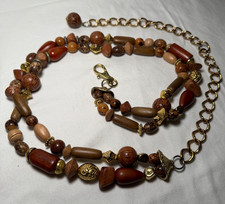 Vintage Wood Gold Tone Bead Belt Double Strand Chain Boho 80's