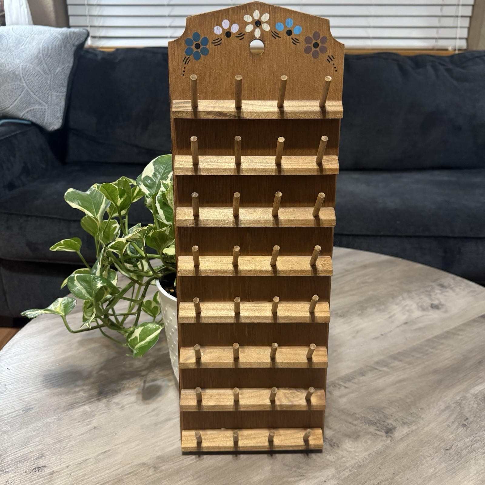 Wood Wall-Mounted Thread Spool Holder Organizer Spool Rack Vintage Paint Flowers