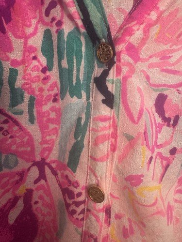 Lilly Pulitzer Top Size XL Tropical Print Lightweight Rayon Button Up Beachy - Picture 6 of 7
