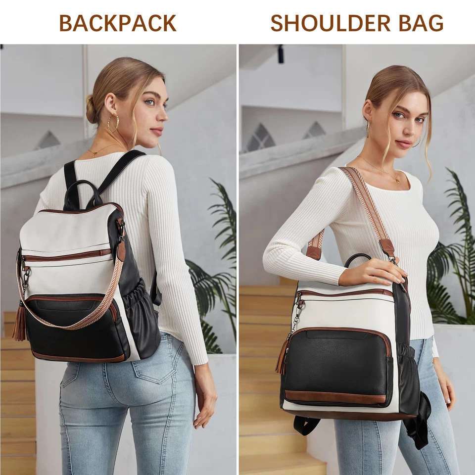 BOSTANTEN 皮革笔记本电脑背包女式设计师旅行背包带翻领... — 第 2/4 张图片