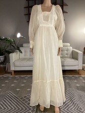 Vintage 1970's Creamy Ivory Gauze Boho Hippie Prairie Maxi Dress Lace Sz 12