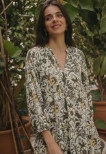 NWT Chaudry by Bindu Boho Floral Tiered Mini Dress Smocked Sleeve V-Neck S