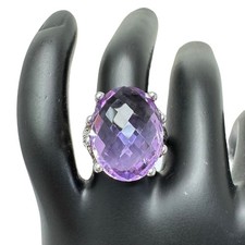 925 Sterling Silver Large Oval Checkerboard Cut Amethyst Ring Branch Shoulders