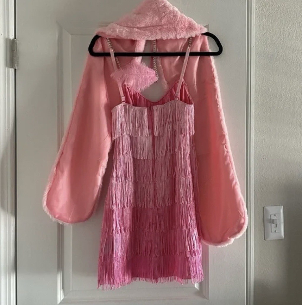 NWT 20s Pink Flapper Dress Women's Costume with Fur Stole Sash