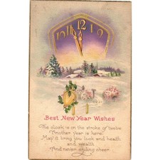 Vintage New Year Postcard Midnight Clock Winter Scene Series 974 D Made in USA
