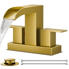 Square Brushed Gold Bathroom Faucets for 2 Hole or 3 Hole, Waterfall 4 Inch C...