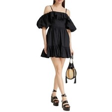 Ulla Johnson Lila Black Cold Shoulder Gathered Cotton-Poplin Mini Dress Womens 6