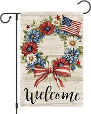 Patriotic Floral Welcome Garden Flag 12x18 Double Sided Burlap