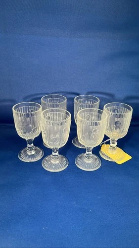 6 Jeannette Iris Herringbone Clear Depression Wine Goblets 4 1/4" 3 oz