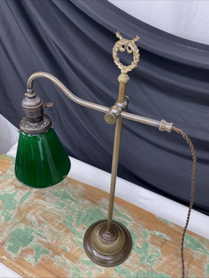 REWIRED Antique Vtg Art Deco Table Desk Lamp Green Glass Faries O.C. White Era