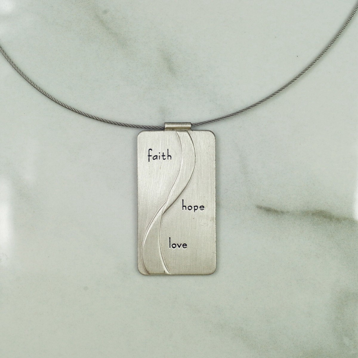 Sterling Silver Faith Hope Love Rectangle Pendant Steel Wire Necklace