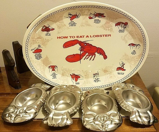 "How To Eat A Lobster" Sea Food Oval Plates, SS Claw Butter Dish SET 4