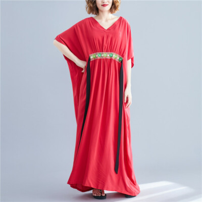 Womens Loose Long Maxi Dresses Ethnic V-neck Embroidery Tunic Beach Boho  Holiday | eBay