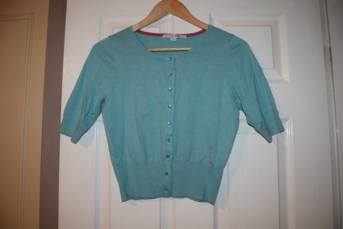 Boden Cropped Cardigan Shrug Bolero Cotton Silk Aqua Turquoise Pearl Button 8 10 - Picture 7 of 9