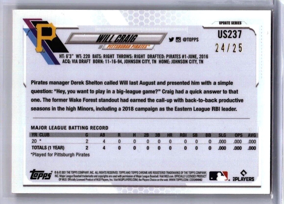 Will Craig RC /25 Orange Refractor 2021 Topps Chrome Update Sapphire #US237 - Image 2 of 2