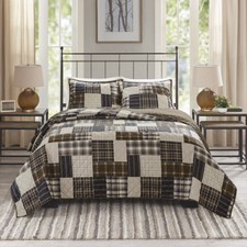 NEW  CLASSIC PLAID BROWN COUNTRY WESTERN RUSTIC BLUE LOG CABIN LODGE QUILT SET