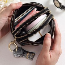 3 Zippered Genuine Leather Women Coin Purse Change Pouch Wallet With Key Ring
