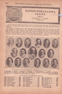 1927 Illinois Indiana Iowa League Danville Champions Minor - 1920s Baseball Page