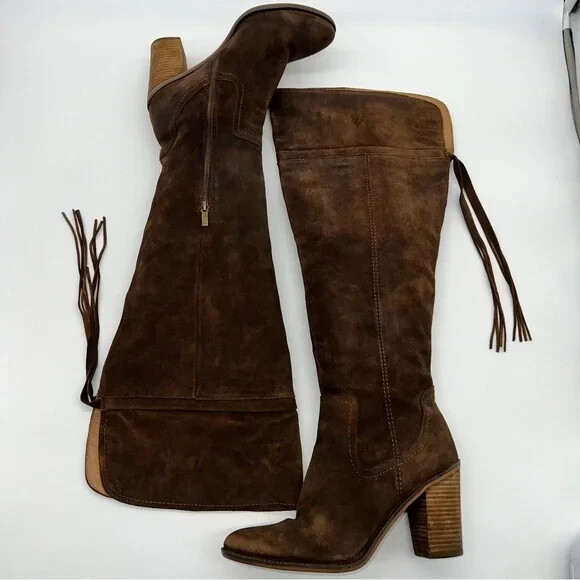 FRANCO SARTO Elnora Brown Suede Leather Over the Knee Boots Tassel