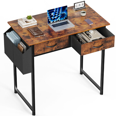 Home Office Desk Table with 2 Fabric Storage Drawers and Side Bag Headphone Hook
