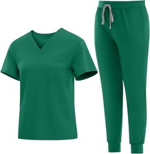 Scrubs Set for Women Nurse V-Neck Uniform Suit Top Joggers Straight Pants