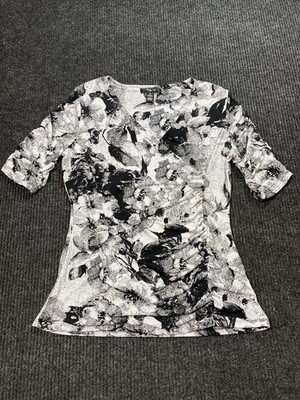 STYLE & CO Women's Floral Stretch V-Neck Ruched Sleeves Top BLACK/WHITE Sz M