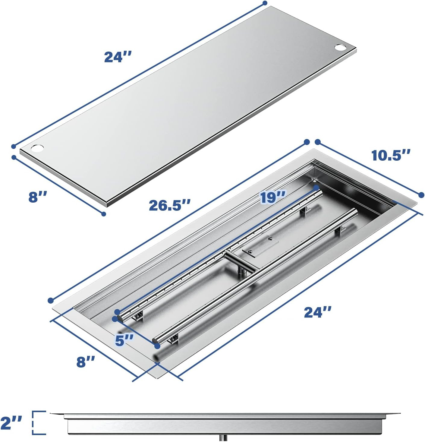 Skyflame Rectangular Stainless Steel Drop-In Fire Pit Pan and Burner with Burner