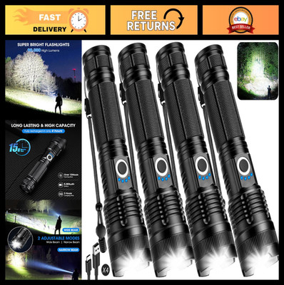 Rechargeable LED Flashlights 90,000LM - 4 Pack Super Bright, Waterproof, 5 Modes