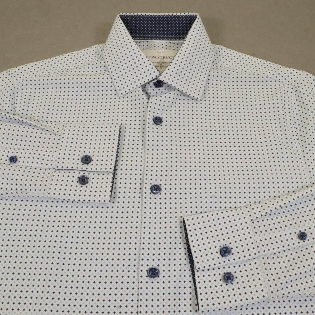 CON.STRUCT Dress Shirt Mens S 14.5 32/33 White Micro Geo Slim Fit 4 Way Stretch