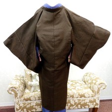 Antique Kimono coat Silk Lattice Kasuri style pattern Brown 44.2inch Women's