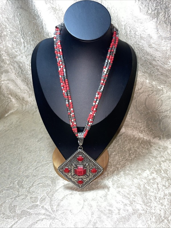 Southwestern Necklace/Vintage Enhancer Pendant/Red and Silver-Tone/Beautiful. 