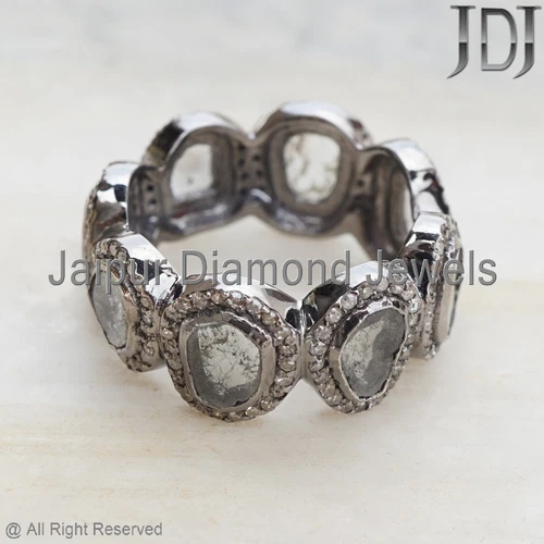 925 Silver Jewelry Natural Polki Pave Diamond Victorian Band Eternity Ring