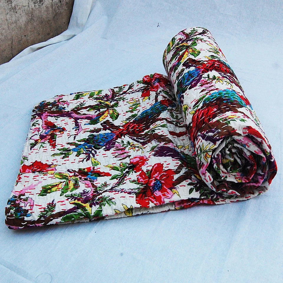 БЕЛАЯ ПТИЦА ПЕЧАТИ KANTHA ЛОСКУТНОЕ ОДЕЯЛО TWIN РАЗМЕР ПОКРЫВАЛО ПЛЕД ИНДИЙСКИЙ - Изображение 4 из 4