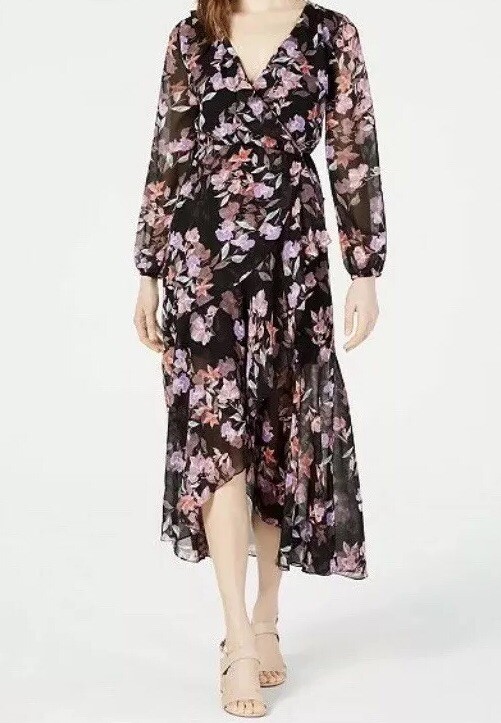 Bar III Ruffled Maxi Dress Floral Printed Black Multi Ditsy