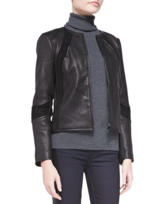 Tory Burch 'Micky' Black Leather Knit Collarless Zip Moto Jacket