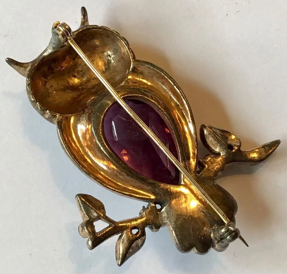 REJA SIGNED STERLING SILVER AMETHYST JELLY BELLY OWL BROOCH - Image 2 of 2