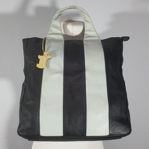 RADLEY Cute Leather Retro Hobo Shopper Bag Block Stripes Dog Charm Tote Black