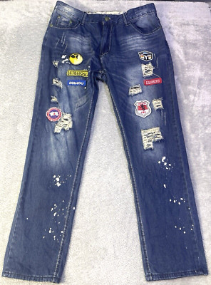 Dishou Jeans Men's 33X28 (Tag 36) Distressed Patched Splatter Ripped Slim Blue