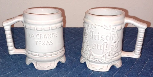 FRANKOMA WHITE GLAZE COFFEE MUGS CUPS FRISCH AUF! Country Club La Grange TX Golf