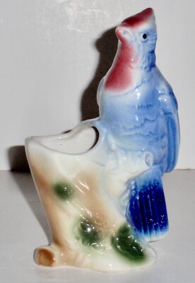 Vintage Royal Copley Ceramic Blue Jay Bird Vase Planter