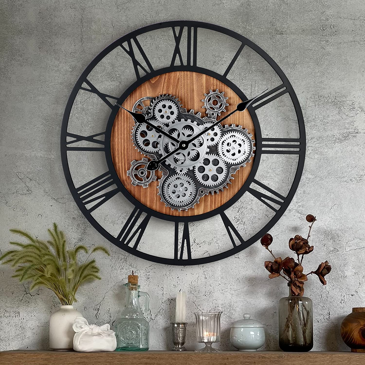 Lafocuse 23 Inch Wooden Real Moving Gears Wall Clock,Large