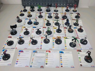 Heroclix MARVEL & DC Comic Book 36 Pc Lot w/ Cards - Miniature Tabletop Gaming
