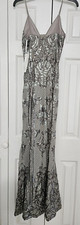 Aqua Sequined Mesh front Gown taupe and gray padded gown Size 4 NWT  328